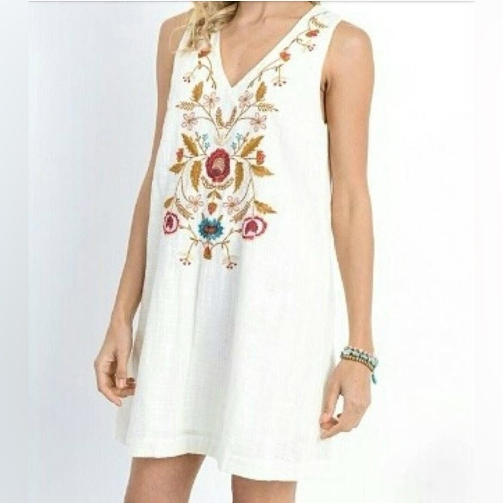 Embroidered Floral Boho Dress in cream color